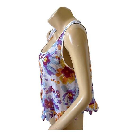DEREK HEART Womens Size Large Sheer Sleeveless Ruffle Floral Crop Tank Top Shirt - Picture 2 of 6